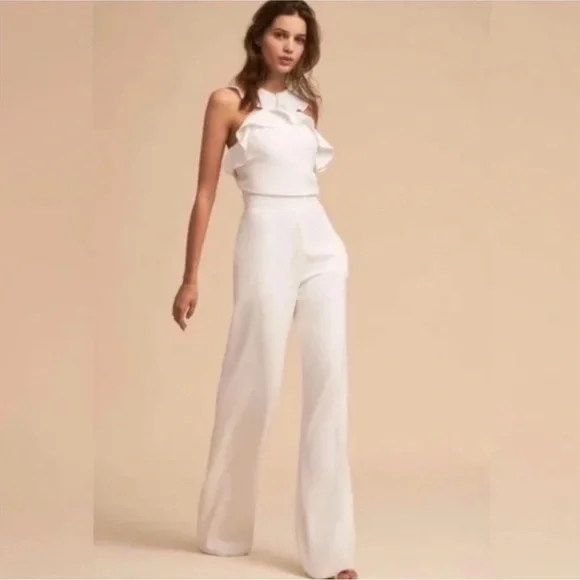 BHLDN MONIQUE LHUILLIER White Bissel Jumpsuit w/ Ruffle Halter Bodice - Size 8 - Picture 2 of 12